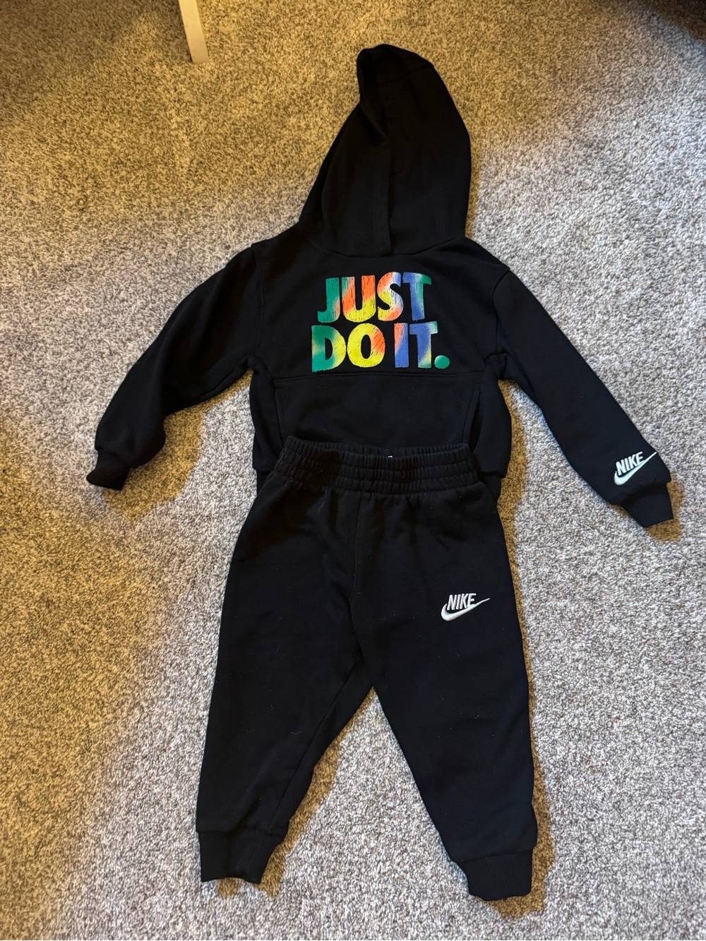 Nike Kids Black Hoodie & Joggers Set with Colorful JUST DO IT. Logo